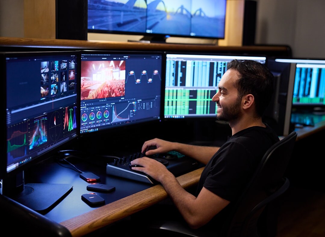Software developer coding on multiple monitors with code on screen